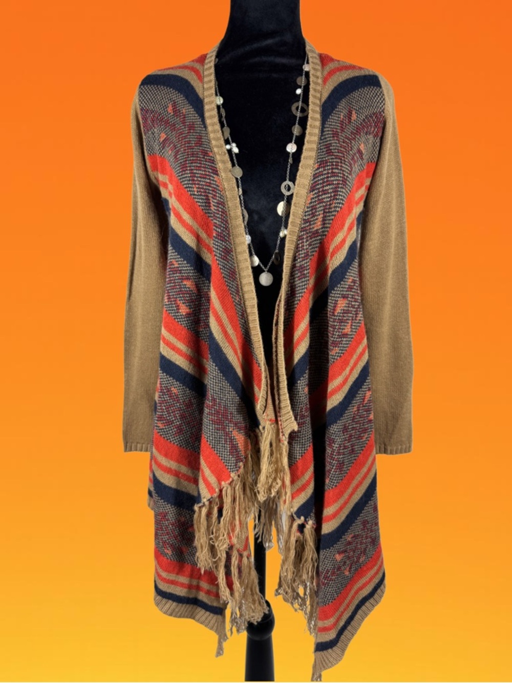 Anthropologie Flying Tomato Brown/Orange Lagenlook Open Drape Cardigan Fringe S - Picture 3 of 14
